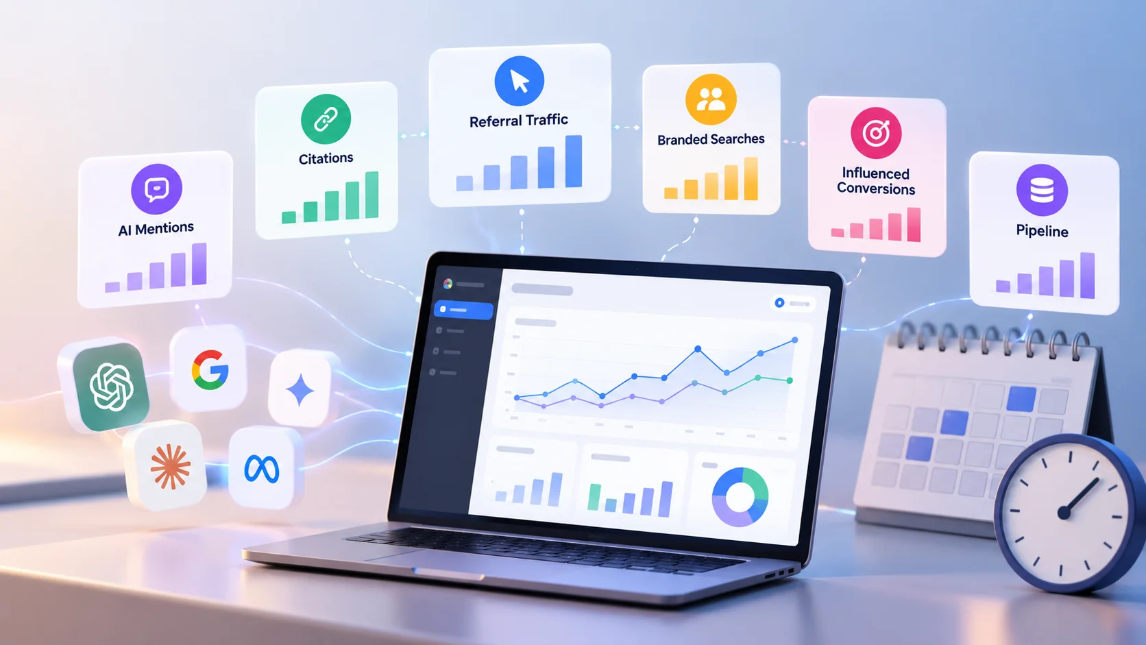 AI Search KPI dashboard visualizing crawler trends, visibility indexes, synthetic referrals, and conversion rates
